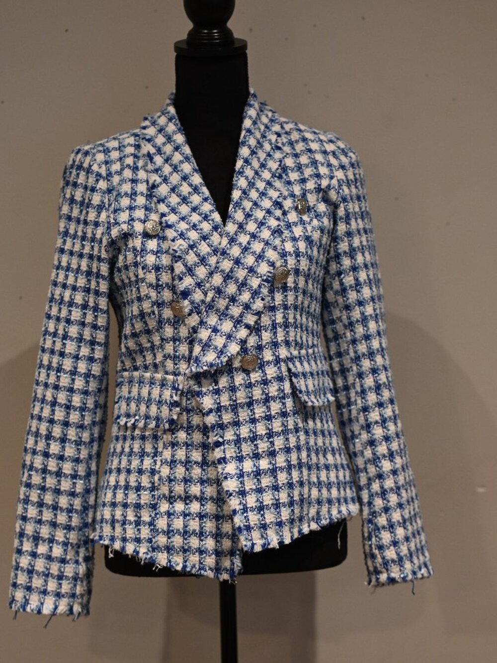 VICI Blue White Tweed Double Breasted Blazer Jacket Size Medium